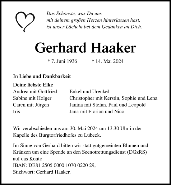 Traueranzeige von Gerhard Haaker von Lübecker Nachrichten
