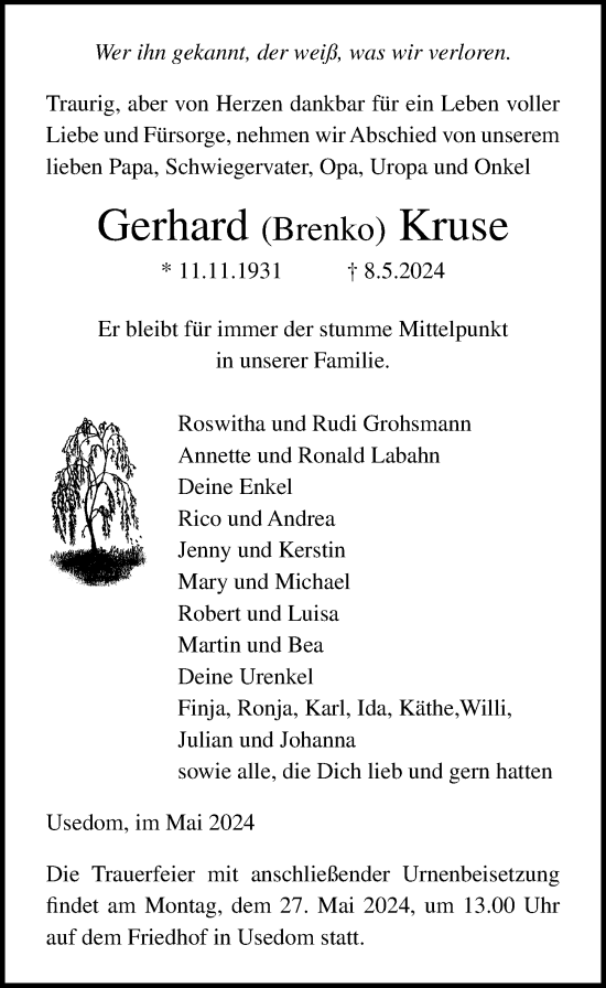 Traueranzeige von Gerhard Kruse von Ostsee-Zeitung GmbH