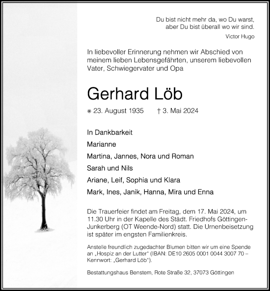 Traueranzeige von Gerhard Löb von Göttinger Tageblatt