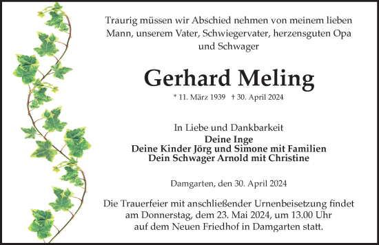 Traueranzeige von Gerhard Meling von Ostsee-Zeitung GmbH