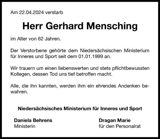 Traueranzeige von Gerhard Mensching von Hannoversche Allgemeine Zeitung/Neue Presse
