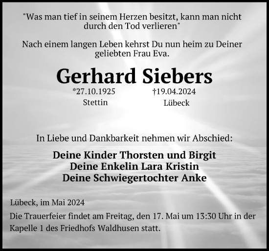 Traueranzeige von Gerhard Siebers von Lübecker Nachrichten