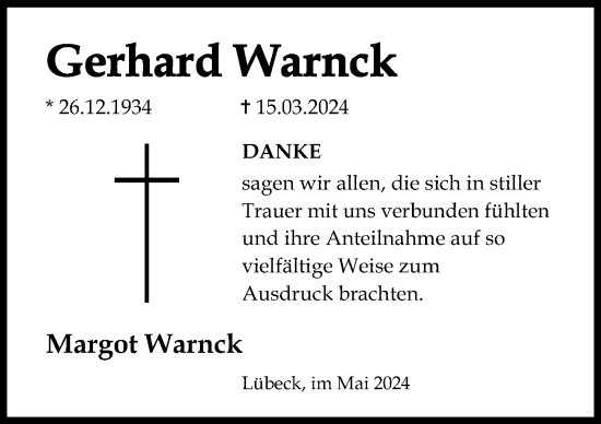 Traueranzeige von Gerhard Warnck von Lübecker Nachrichten