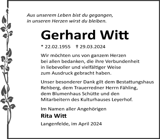 Traueranzeige von Gerhard Witt von Ostsee-Zeitung GmbH