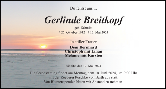 Traueranzeige von Gerlinde Breitkopf von Ostsee-Zeitung GmbH
