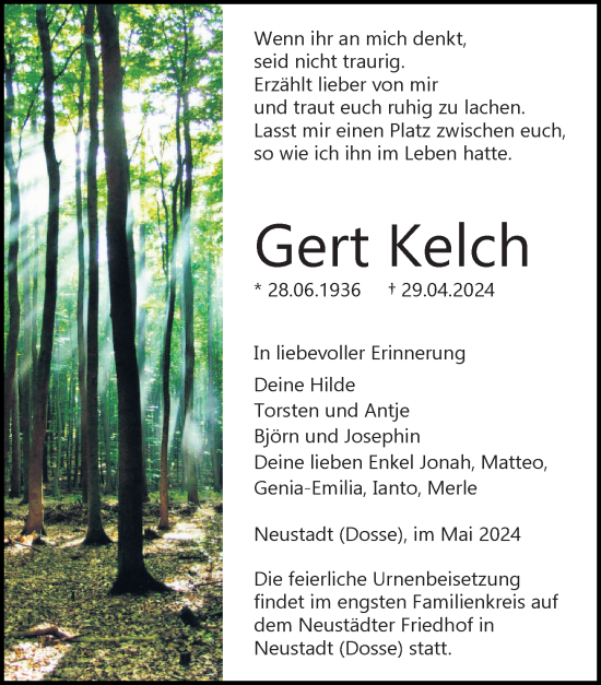 Traueranzeige von Gert Kelch von Wochenspiegel