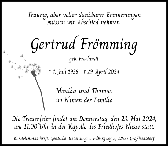 Traueranzeige von Gertrud Frömming von Lübecker Nachrichten