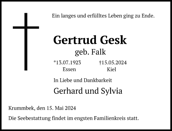 Traueranzeige von Gertrud Gesk von Göttinger Tageblatt