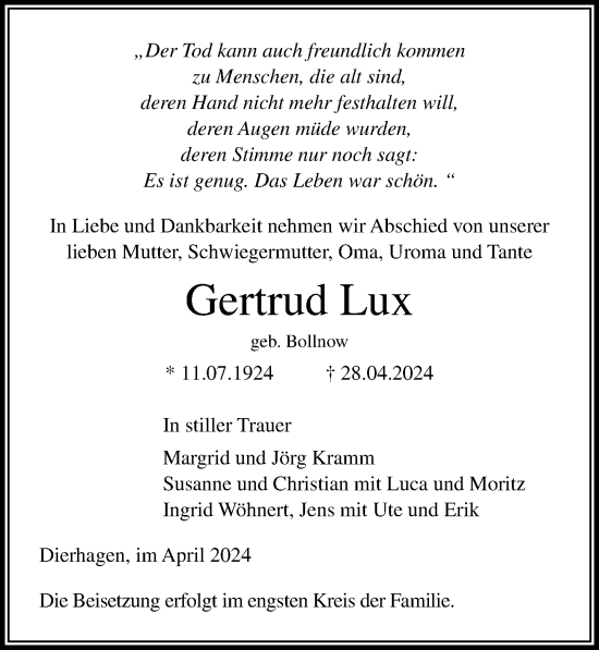 Traueranzeige von Gertrud Lux von Ostsee-Zeitung GmbH