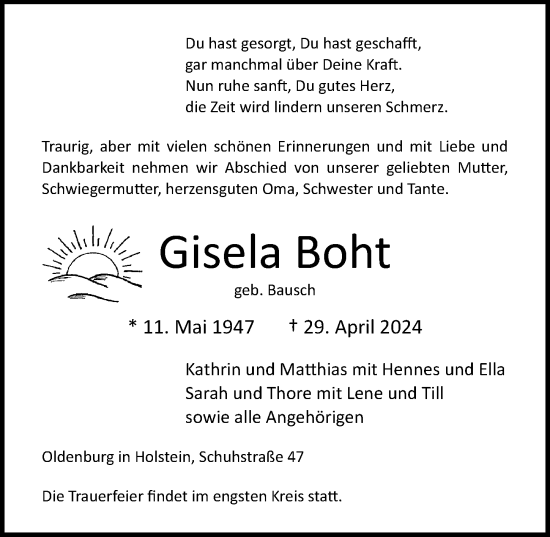 Traueranzeige von Gisela Boht von Lübecker Nachrichten