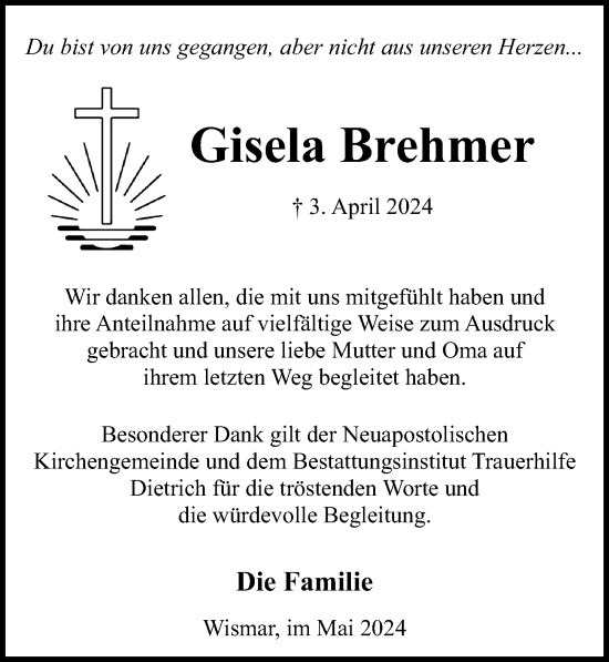 Traueranzeige von Gisela Brehmer von Ostsee-Zeitung GmbH