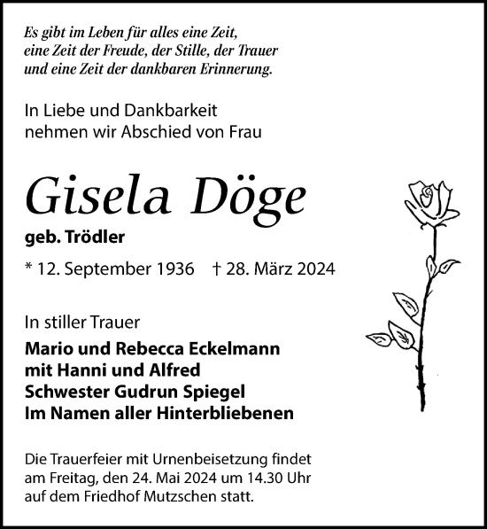 Traueranzeige von Gisela Döge von Leipziger Volkszeitung