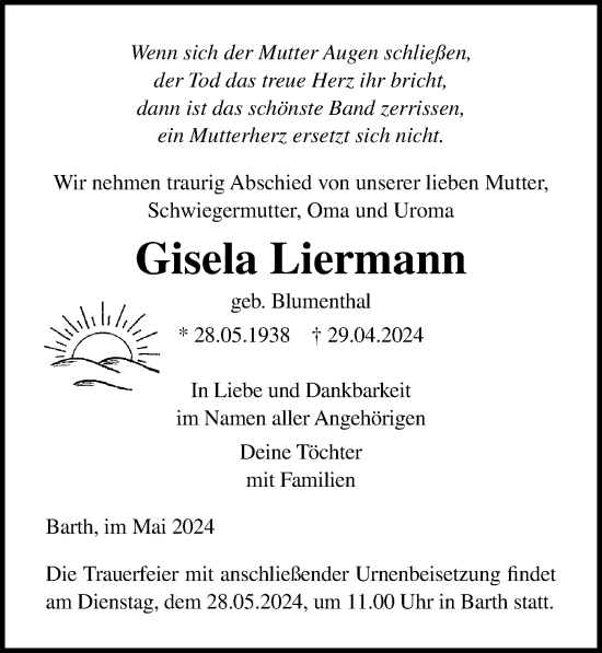 Traueranzeige von Gisela Eiermann von Ostsee-Zeitung GmbH
