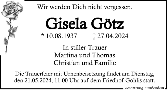 Traueranzeige von Gisela Götz von Leipziger Volkszeitung