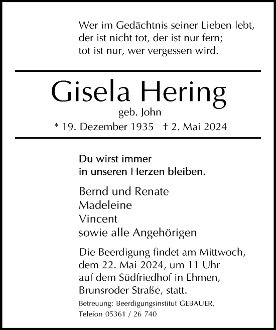 Traueranzeige von Gisela Hering von Aller Zeitung