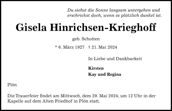 Traueranzeige von Gisela Hinrichsen-Krieghoff von Kieler Nachrichten