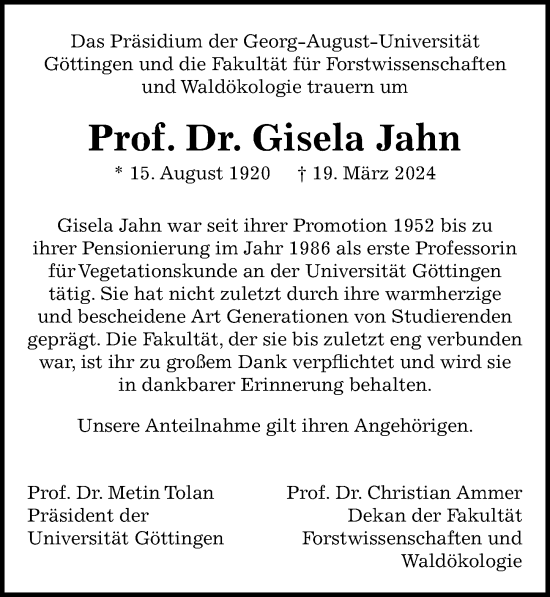 Traueranzeige von Gisela Jahn von Göttinger Tageblatt