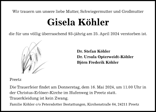 Traueranzeige von Gisela Köhler von Kieler Nachrichten