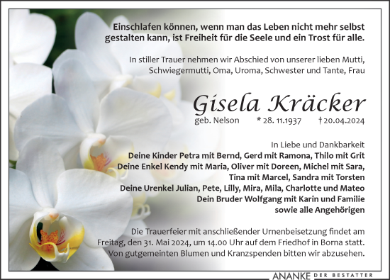 Traueranzeige von Gisela Kräcker von Leipziger Volkszeitung