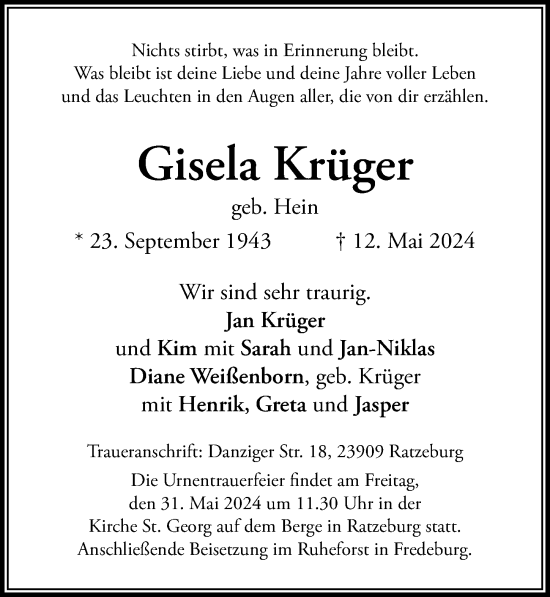 Traueranzeige von Gisela Krüger von Lübecker Nachrichten
