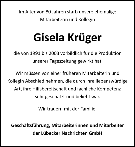 Traueranzeige von Gisela Krüger von Lübecker Nachrichten