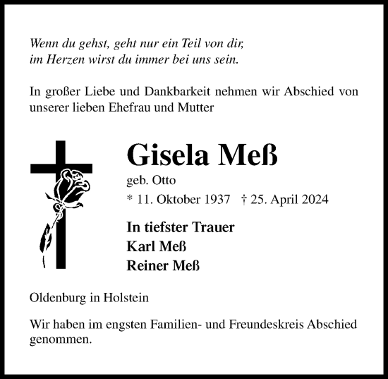 Traueranzeige von Gisela Meß von Lübecker Nachrichten