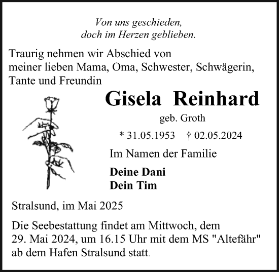 Traueranzeige von Gisela Reinhard von Ostsee-Zeitung GmbH