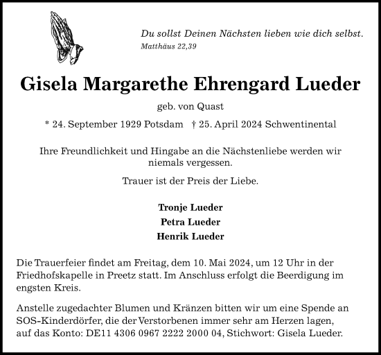 Traueranzeige von Gisela Margarethe Ehrengard Lueder von Kieler Nachrichten
