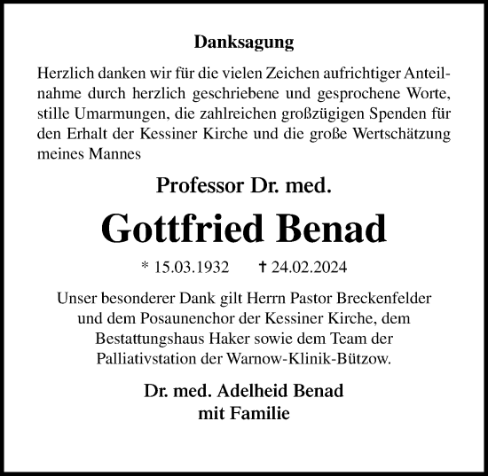 Traueranzeige von Gottfried Benad von Ostsee-Zeitung GmbH