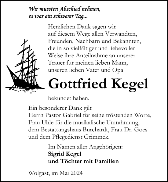 Traueranzeige von Gottfried Kegel von Ostsee-Zeitung GmbH