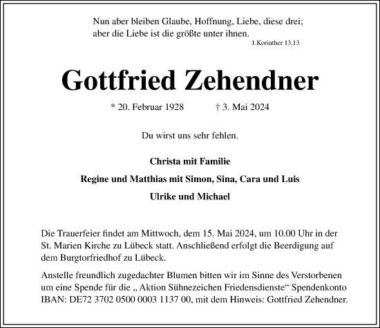 Traueranzeige von Gottfried Zehendner von Lübecker Nachrichten