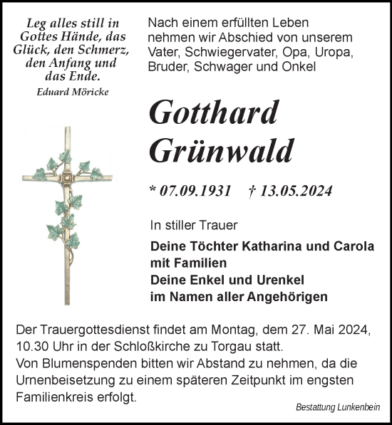 Traueranzeige von Gotthard Grünwald von Torgauer Zeitung