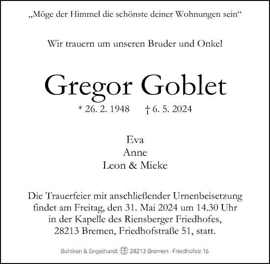 Traueranzeige von Gregor Goblet von Göttinger Tageblatt