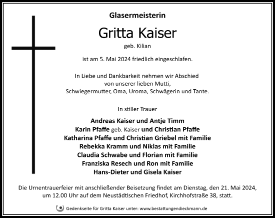 Traueranzeige von Gritta Kaiser von Märkischen Allgemeine Zeitung