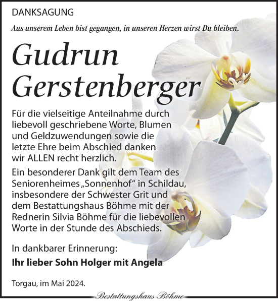 Traueranzeige von Gudrun Gerstenberger von Torgauer Zeitung