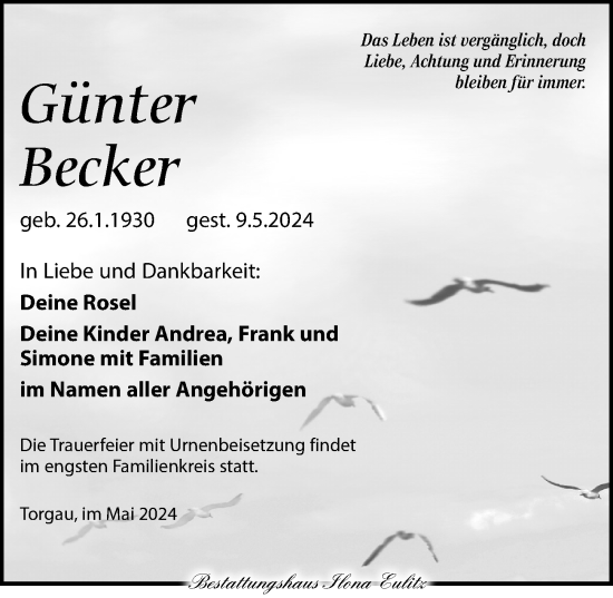 Traueranzeige von Günter Becker von Torgauer Zeitung