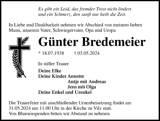 Traueranzeige von Günter Bredemeier von Ostsee-Zeitung GmbH