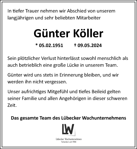 Traueranzeige von Günter Köller von Lübecker Nachrichten