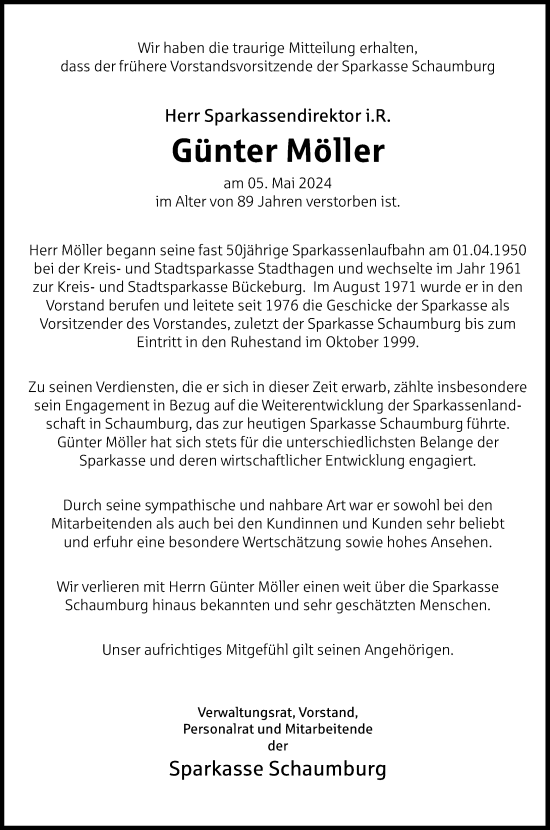 Traueranzeige von Günter Möller von Schaumburger Nachrichten und Schaumburger Zeitung/ Landes-Zeitung