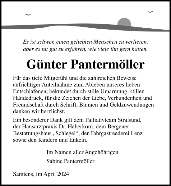 Traueranzeige von Günter Pantermöller von Ostsee-Zeitung GmbH