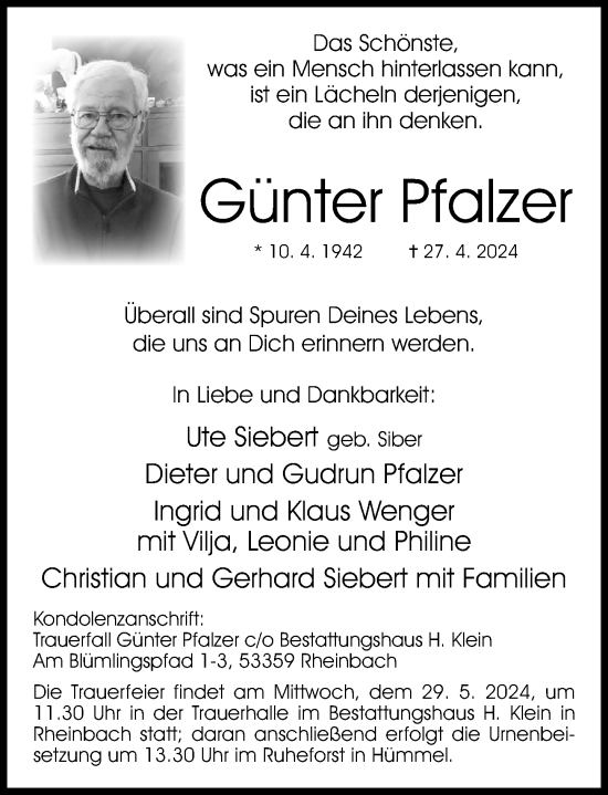 Traueranzeige von Günter Pfalzer von Schaumburger Nachrichten und Schaumburger Zeitung/ Landes-Zeitung