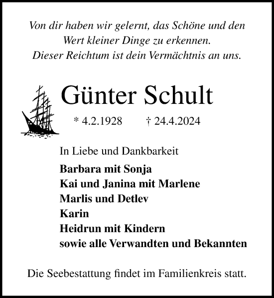 Traueranzeige von Günter Schult von Lübecker Nachrichten