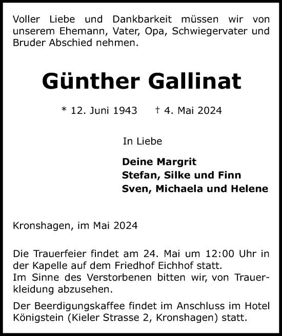 Traueranzeige von Günther Gallinat von Kieler Nachrichten