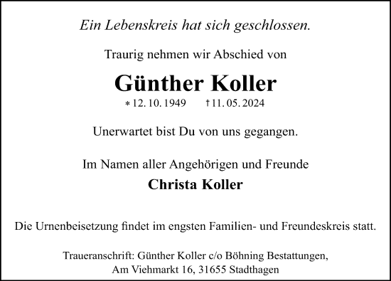 Traueranzeige von Günther Koller von Schaumburger Nachrichten