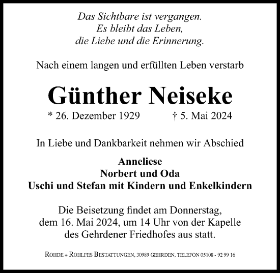 Traueranzeige von Günther Neiseke von Hannoversche Allgemeine Zeitung/Neue Presse