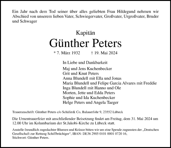 Traueranzeige von Günther Peters von Lübecker Nachrichten
