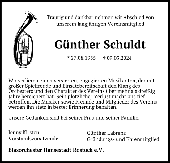 Traueranzeige von Günther Schuldt von Ostsee-Zeitung GmbH
