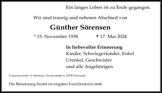 Traueranzeige von Günther Sörensen von Lübecker Nachrichten