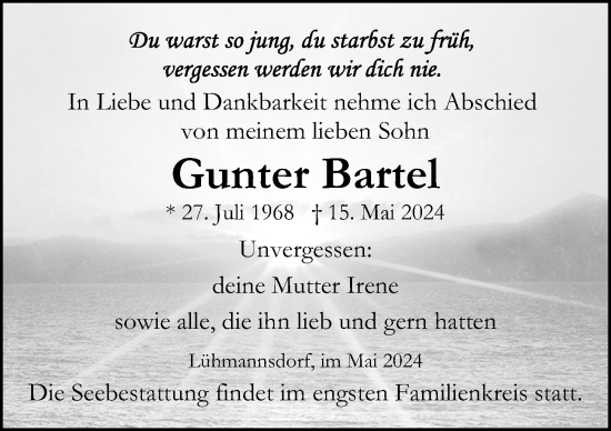 Traueranzeige von Gunter Bartel von Ostsee-Zeitung GmbH