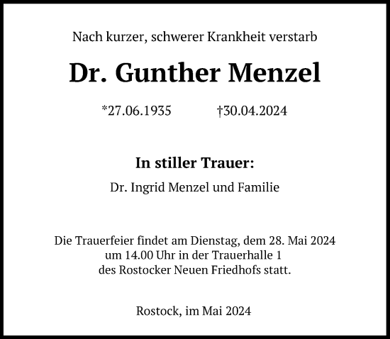 Traueranzeige von Gunther Menzel von Ostsee-Zeitung GmbH